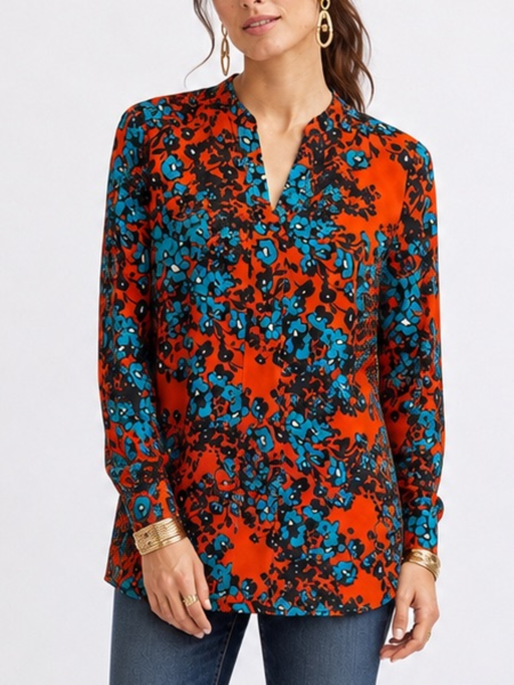 The Limited Floral Blouse Orange Teal Retro Mod Style Tunic Top Small